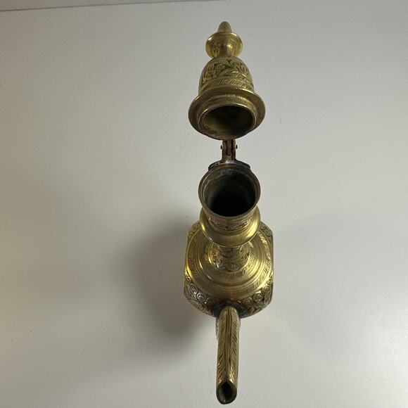 Solid Brass " Tea Pot " from India with Hinged top 8 1/2 inches tall very ornate - Picture 8 of 9